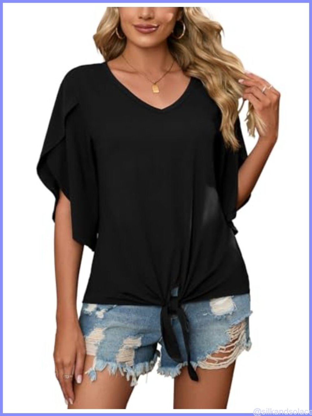 Women's V-Neck Tie Front Blouse 3/4 Split Sleeve Summer Knot Top